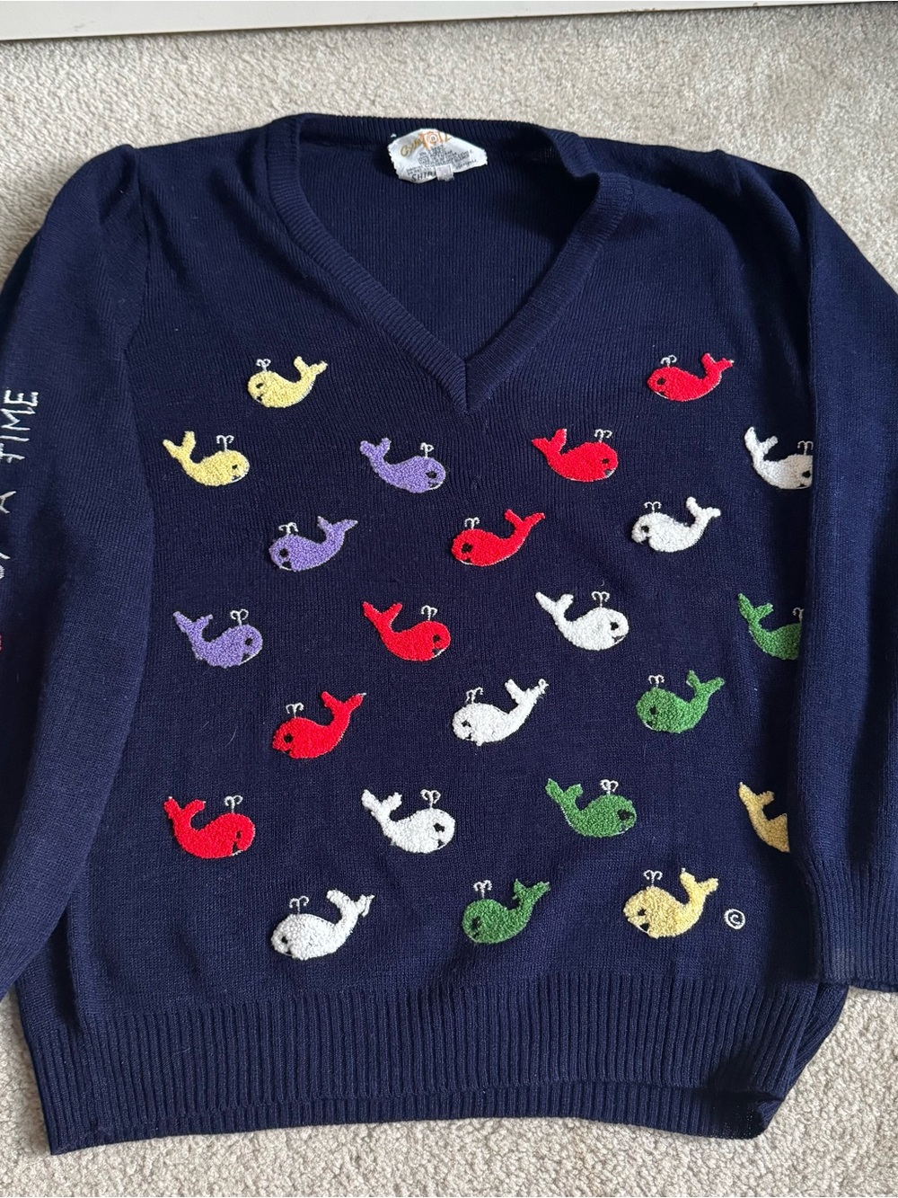 1970s "Have a Whale of a Time" Novelty Sweater Navy Blue V-Neck